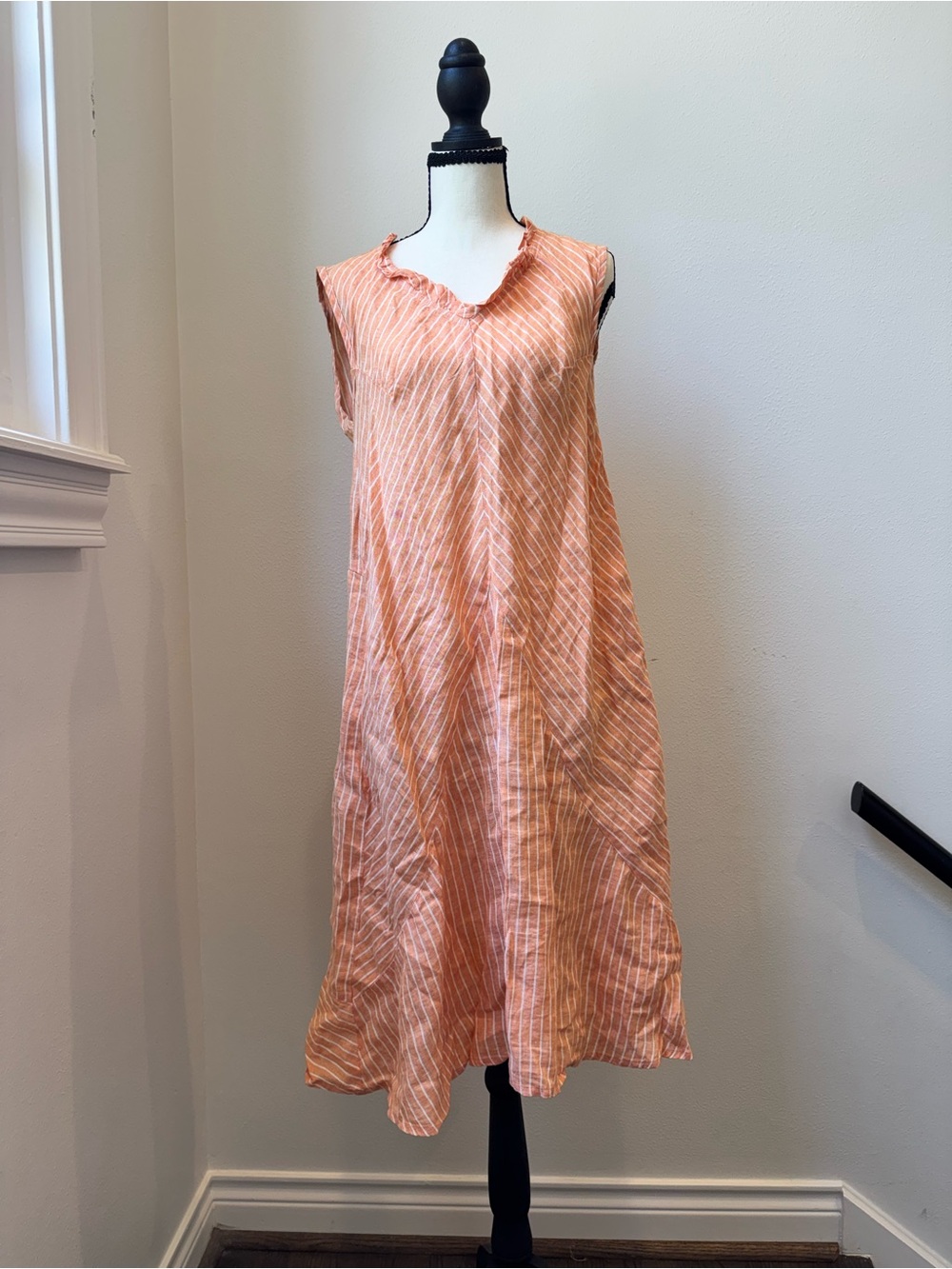 FLAX 100% Linen Striped Midi Dress – Peach Orange White – M
